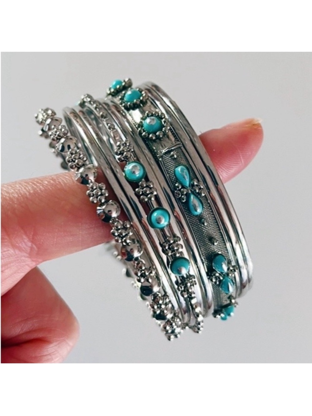 World Market Silver Gemstone Bangles Set Bracelets S/M